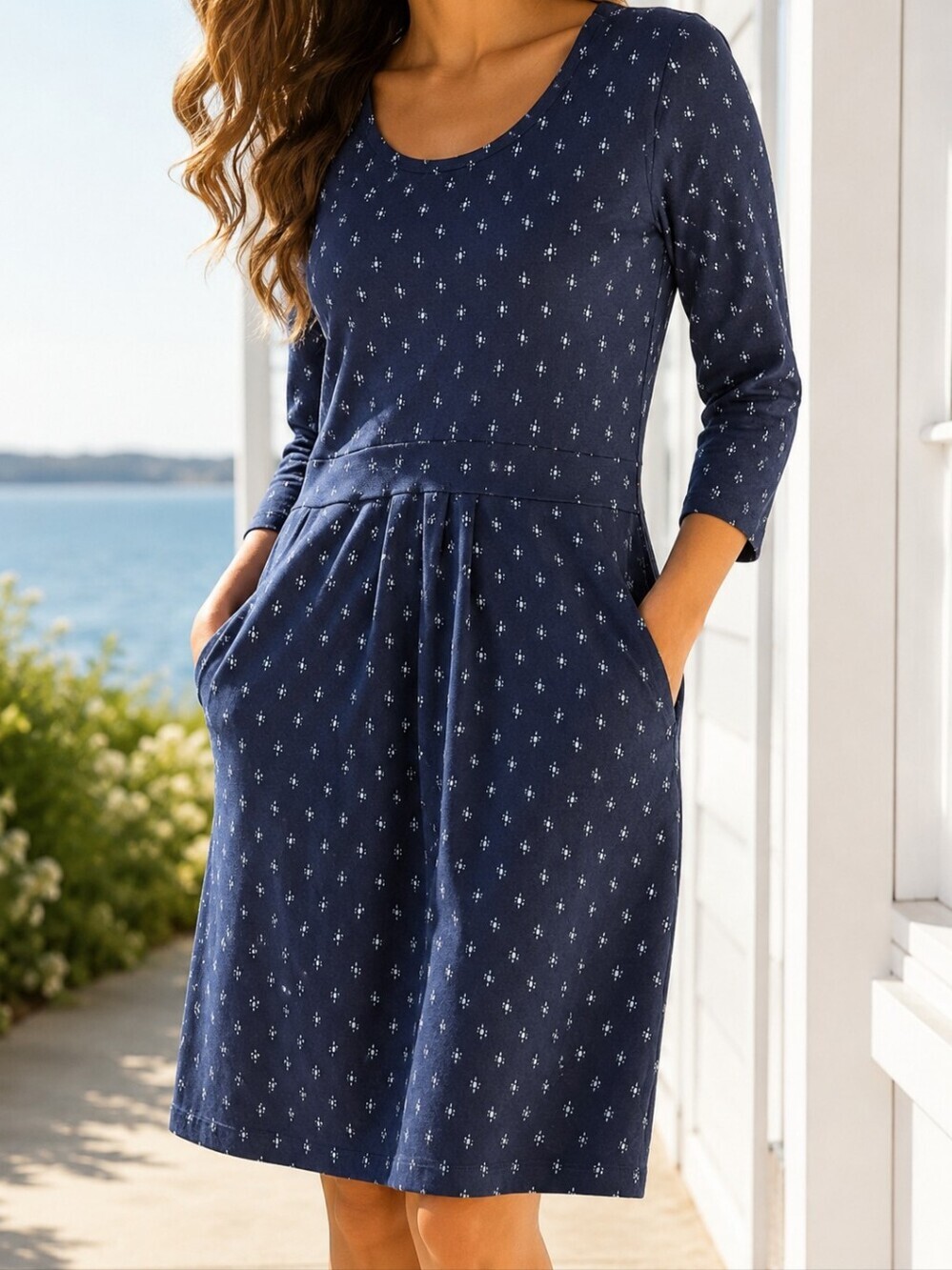 L.L.Bean Navy Blue Pocket Dress Cotton Modal Stretch Knit Cottagecore Medium